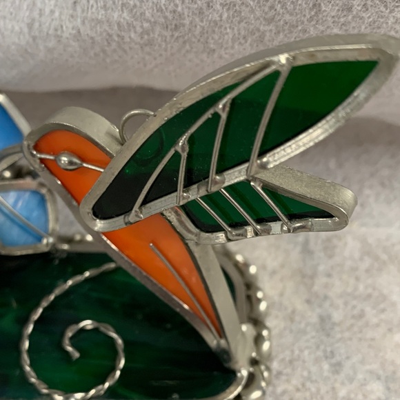 Vintage Stained Glass Hummingbird Figurine Suncatcher Metal With Orange/Green - Picture 3 of 12